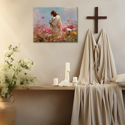 Jesus the Shepherd Wall Art Christian Lamb Flowers Canvas Print Framed - color: color-H