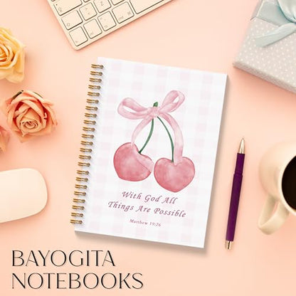 Coquette Pink Bow Cherry Christian Spiral Notebooks, With God All Things are Possible Bible Journal, Religious Journal for Women, Coquette Girly Office Supplies, 5.5x8.3 Inches - color: Cherry Bible