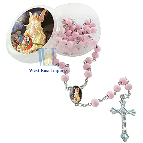 WE First Communon Baptism Pink Scented Rosary Favor - 12 Guardian Angel Rosaries with individual Gift Box and Decorated Pouches