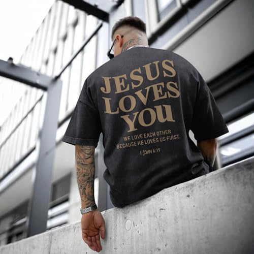 Mens Christian Shirts Jesus is King Love You Tshirt God Faith Religious Bible Verse Oversized Acid Wash Graphic Tees - color: Black, size: XX-Large
