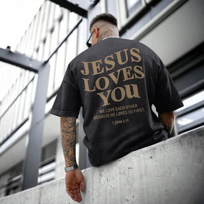 Mens Christian Shirts Jesus is King Love You Tshirt God Faith Religious Bible Verse Oversized Acid Wash Graphic Tees - color: Black, size: XX-Large