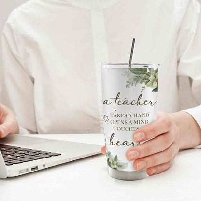 Teacher Gifts 20oz Travel Coffee Mug Tumbler, Teacher Appreciation Gifts for Women Men, a Teachers Takes a Hand Opens a Mind Touches a Heart Stainless Steel Tumbler with Lid and Straw - color: heart