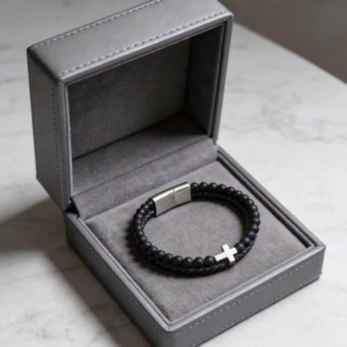 Kim Carrey Italian Handmade Leather Bracelets for Men - color: Silver Cross, size: 8.2"