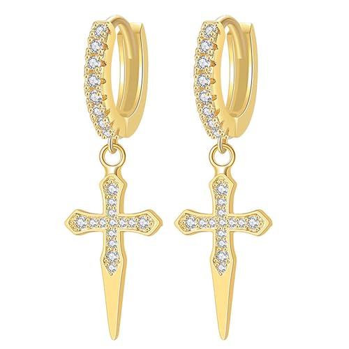 Cupimatch 3-6 Pairs Stainless Steel Cross Dangle Huggie Hinged Hoop Earrings for Men Women (1 Pair Silver Cross) for Mother's Day - color: gold-3pack