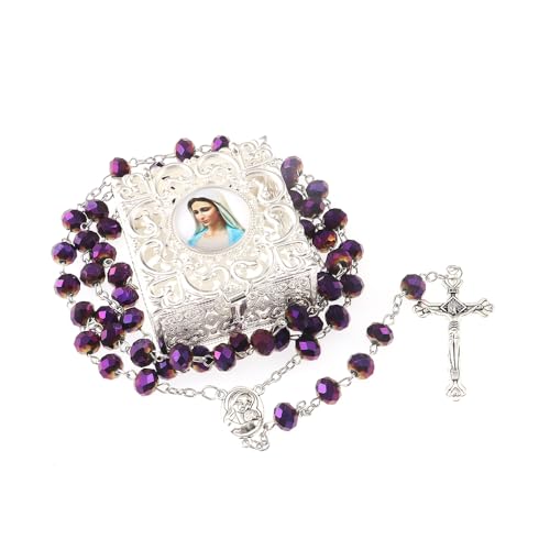 Purple Crystal Rosary Beads for Women With Vintage Jewelry Box, Catholic Necklace With Metal Gift Box, First Communion for Anglican Prayer Beads Catholic Gifts - color: Purple-403