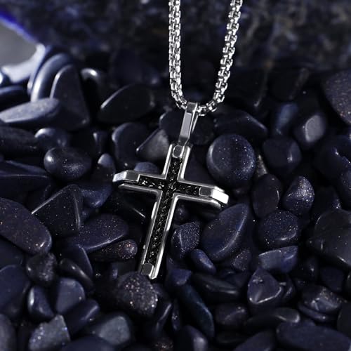 Stainless Steel Cross Necklace for Men with Adjustable Box Chain Christian Cross neckalce Gift - color: Black-Silver