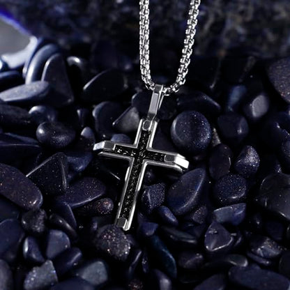 Stainless Steel Cross Necklace for Men with Adjustable Box Chain Christian Cross neckalce Gift - color: Black-Silver