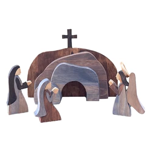 Empty Tomb Easter Scene and Cross Decoration Wooden Jesus Nativity Christ Statue Christian Easter Tray Decor for Home Office Tabletop - color: 6 Pcs