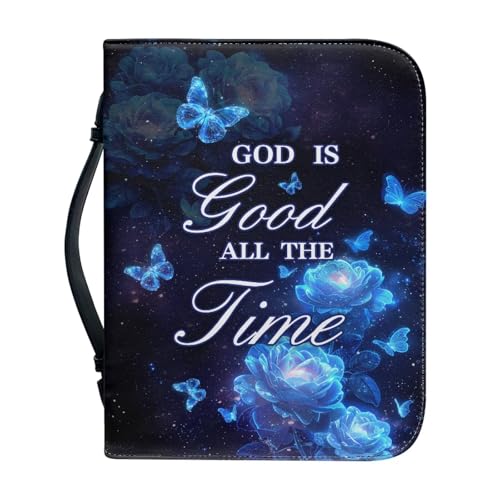 Dellukee Bible Cover for Women Blue Butterfly Flowers God is Good All The Time Print Leather Bible Bag Study Book Case Covers - color: Blue Butterfly Flowers God is Good, size: Large-bible size ≤9.2*6*1.6 inch