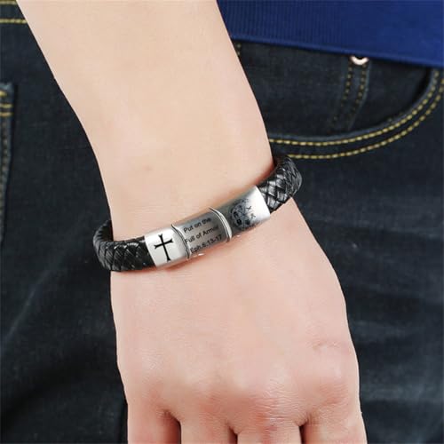 Knights Templar Seal Bracelet for Men,Handmade Leather Put on The Full Armor of God Cuff Bangle Ephesians 6 13-17 Bracelets Faith of Shield Jewelry Amulet Gift for Confirmation,Xmas - color: Black