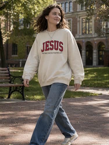 Christian Sweatshirts for Women Jesus Fleece Oversized Pullover Faith God Tops Crewneck Y2K Longsleeve - color: 4-beige, size: Small