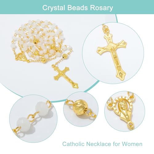 KOMI Crystal Rosary Beads with Jesus Crucifix, Catholic Necklace for Women First Communion Rosarios Wedding Rosary with Velvet Bag - style: 6MM-white