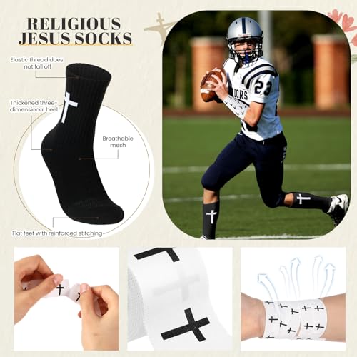 TrelaCo 2 Sets Cross Grip Socks with 2 Pcs Christian Athletic Tape Jesus Soccer Grip Socks Cotton Sports Athletic Tape Serrated Edges for Easter Gifts Football Baseball(Black White,Cross) - color: Cross