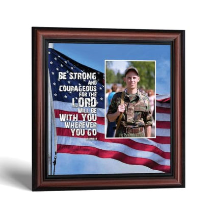 Be Strong and Courageous Military Picture Frames, Patriotic Wall Art - color: Walnut, size: 8"L x 8"W