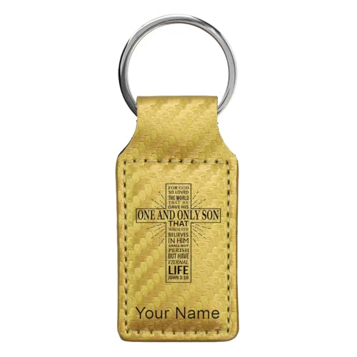 LaserGram Rectangle Keychain, Bible Verse John 3-16, Personalized Engraving Included - color: Carbon Fiber Gold