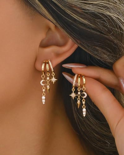 Dangle Gold Earrings for Women Trendy Triple Huggie Chain Earrings - color: Gold 2