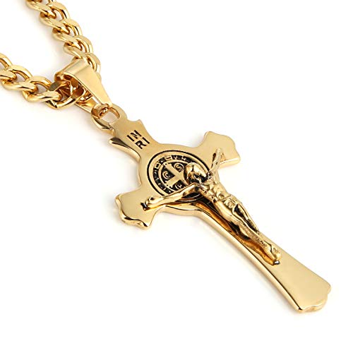 HZMAN Stainless Steel St. Benedict Crucifix Cross Necklace for Men - color: Standard Gold