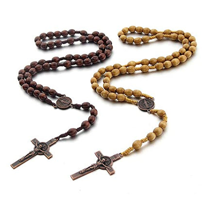 tenghong2021 Wooden Christian Catholic Rosaries Necklace Prayer Beads Holy Cross Catholic Wood for Men Women Pastor - color: Dark Brown
