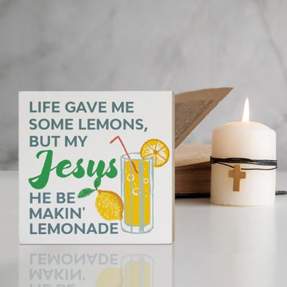 Christian Desk Decor Sign, Italy Italian Lemon Home Office Religious Decor Scripture Bible Verse Desk Decoration Christian Christening Baptism Gifts for Women Men, Jesus He Be makin' Lemonade