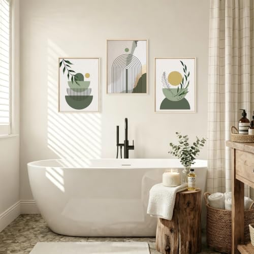 HOURIA Boho Sage Green Geometric Framed Canvas Wall Art Set- 12"x16"x3 - color: Boho Sage Green Wall Art, size: 12"L x 16"W