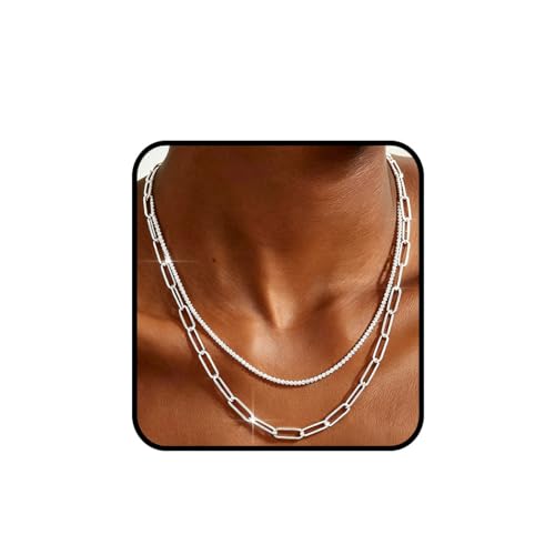 925 Sterling Silver Necklace for Women Layered Cross Paperclip Chain Necklaces Dainty Sparkle Pendant Jewelry Gifts - style: 2 Layered Chain