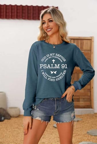 Christian Sweatshirts for Women Psalms 91 Long Sleeve Shirt - color: Blue, size: Large
