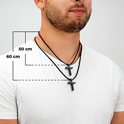 SERASAR Premium Leather Necklace Men | Stainless Steel Pendant | Secure Clasp | Three Colors | Jewelry Box Included - color: Black, size: 50cm, style: Cross