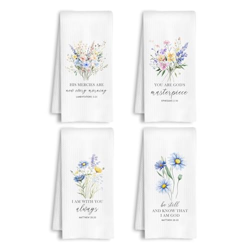 Christian Floral Kitchen Towels, His Mercies Are New Every Morning Bible Verse Dish Tea Towels, Wildflower Religious Scripture Decorative Hand Towel for Bathroom Kitchen, 16x24 Inch Set of 4 - color: Christian Floral Kitchen Towels 4pcs