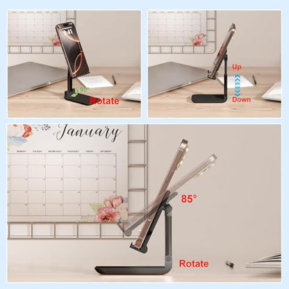 Cell Phone Stand,Adjustable Angle Height Phone Stand for Desk,Fully Foldable/Portable Phone Holder with Silicon Pad for iPhone 16/15/14/13/12/Smartphones,All Mobile Phones (Black) - color: Black