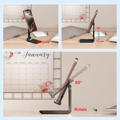 Cell Phone Stand,Adjustable Angle Height Phone Stand for Desk,Fully Foldable/Portable Phone Holder with Silicon Pad for iPhone 16/15/14/13/12/Smartphones,All Mobile Phones (Black) - color: Black