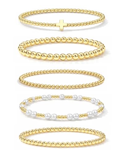 Gold Bracelets for Women Jewelry - Easter Basket Stuffers, Cross/Pearl/Beaded Bracelets Set, Dainty 14K Gold Plated Beaded Bracelets Stack, Birthday Easter Gifts for Women - color: 1Cross+3Bead+1Pearl