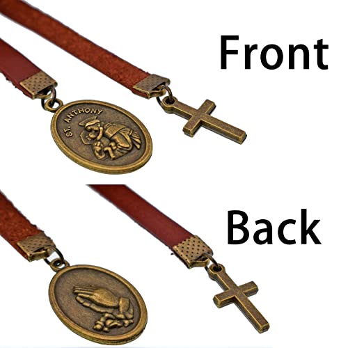 BLBMH Genuine Leather Bible Bookmark with Cross | Catholic Gifts for Men Dad | Christian Book Marker with Ribbon - Saint Anthony - LB3 - color: Alb3