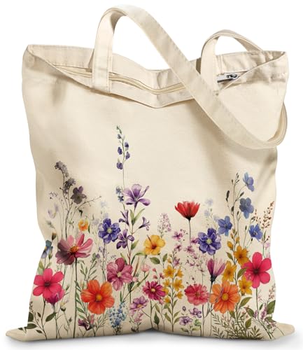 Miss Adola Canvas Tote Bag with Zipper for Women - color: Poppy Bouquet