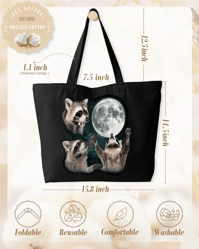 Miss Adola Large Tote Bag for Women - Canvas Tote Bag with Zipper Aesthetic Reusable Shoulder Bag for Gym, Travel, Work - style: Three Raccoon