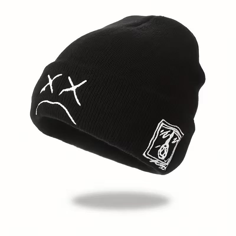 Unisex Stretch Warm Winter Skull Cap, Cold Weather Knit Beanie - color: Black - Sad Face Embroidery