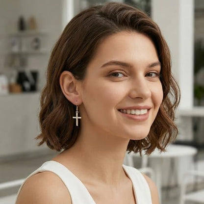 Cross Earrings for Women with 925 Sterling Silver Hooks for Sensitive Ears - color: Gold Tone, CZ