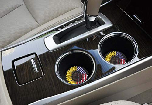 Sunflower & USA Flag 2.56" Car Coasters 2-Pack - Absorbent Ceramic Auto Coasters for Cup Holders, Keeps Your Car Clean & Dry - color: Sunflower and Usa Flag