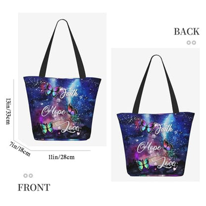 Women's Canvas Tote Bag with Zipper, Large Capacity Shoulder Bag for Work, Travel & Daily Use, Gifts for Mom - color: Faith Hope Love