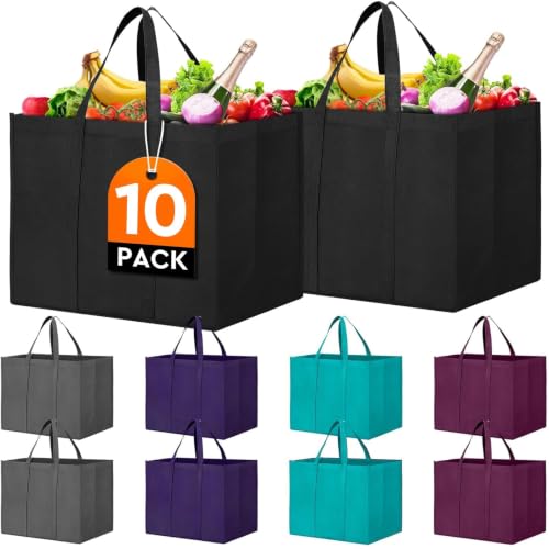 Reusable Grocery Shopping Bags 10 Pack Large Foldable Tote Bags Bulk - color: Black Dark Grey Purple Green Dark Purple