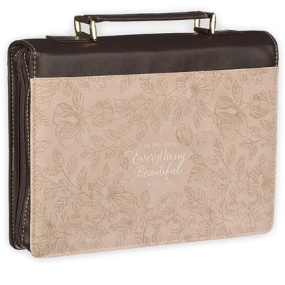 Christian Art Gifts Premium Faux Leather Inspirational Floral Bible Cover for Women: Everything Beautiful Encouraging Bible Verse, Easy Carry Zippered Case, Pen Loops, Pockets, Pink & Brown, Large - size: Large