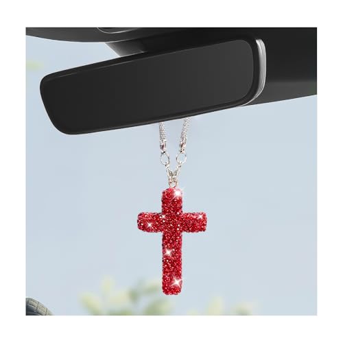 Cross Car Rearview Mirror Ornament, Shiny Rhinestone Cross Auto Rear View Mirror Pendant, Bling Religious Charms Interior Decor for Most Vehicles Rearview Mirrors (Red) - color: Red