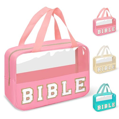 Chenille Letter Bible Bag Cover Case for Women,Preppy Bible Study Supplies Church Bag Purse Bible Accessories with Handle Zipper,Waterpoof Travel Makeup Bag Christmas Christian Gifts(BIBLE-Pink) - color: BIBLE-Pink