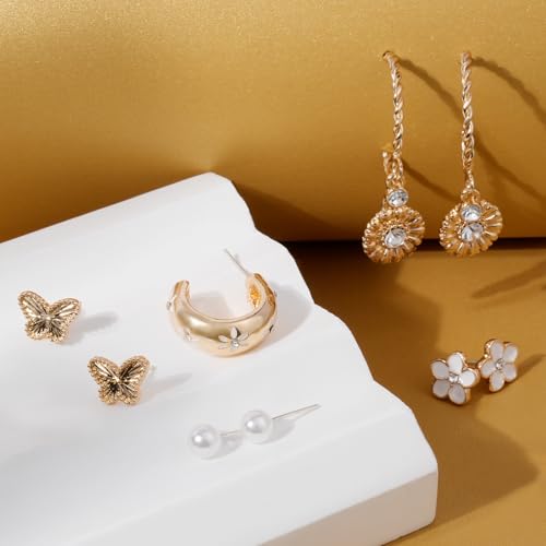 Gold Earrings Set for Women 14K Gold Plated Cubic Zirconia Love Heart Bowknot Clover Fruit Flower Insect Ocean Cross Huggie Hoop Earrings Stud Earrings Set for Multiple Piercing Party Jewelry Gifts - style: Flower Butterfly