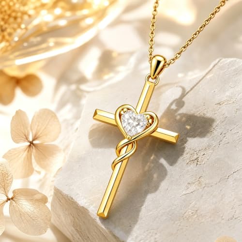 Birthstone Cross Necklace for Women 14K Gold Plated Heart Infinity Cross Pendant Necklace Christian Religious Jewelry Anniversary Birthday Gifts for Wife Mom Her - color: Apr/Diamond(Created)