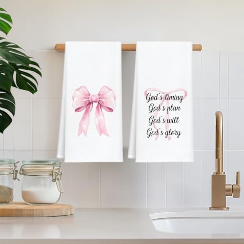Christian Kitchen Towels Set of 2, Waffle Weave Hand Towels with Bible Verse and Pink Bow,Inspirational Decorative Dish Towels for Kitchen & Bathroom, Faith Gift for Women and Friends 16x24 Inch