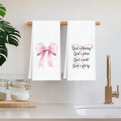 Christian Kitchen Towels Set of 2, Waffle Weave Hand Towels with Bible Verse and Pink Bow,Inspirational Decorative Dish Towels for Kitchen & Bathroom, Faith Gift for Women and Friends 16x24 Inch