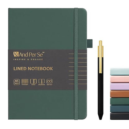 &And Per Se Lined Journal and Pen Set, A5 Leather Hardcover Notebook with Pen & Stationary Set, 160 Pages 100GSM Thick Ruled Paper Journal for Business Work Writing (Green) - color: Green