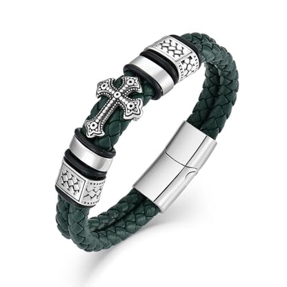 Mens Christian Cross Double Row Leather Bracelet, Religious Braided Cuff Bracelet for Men - color: Green, size: 8.5 inches