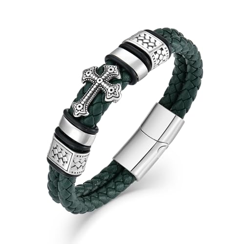 Mens Christian Cross Double Row Leather Bracelet, Religious Braided Cuff Bracelet for Men - color: Green, size: 8.5 inches