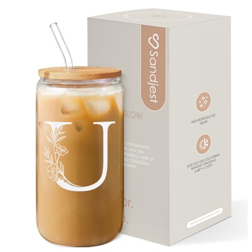 SANDJEST Monogrammed Gifts for Women - Monogram U Initial Glass Cup 16 Oz Can Coffee Cups with Lid and Straw - Monogram Initials Gifts for Womens on Birthday - color: Initial U